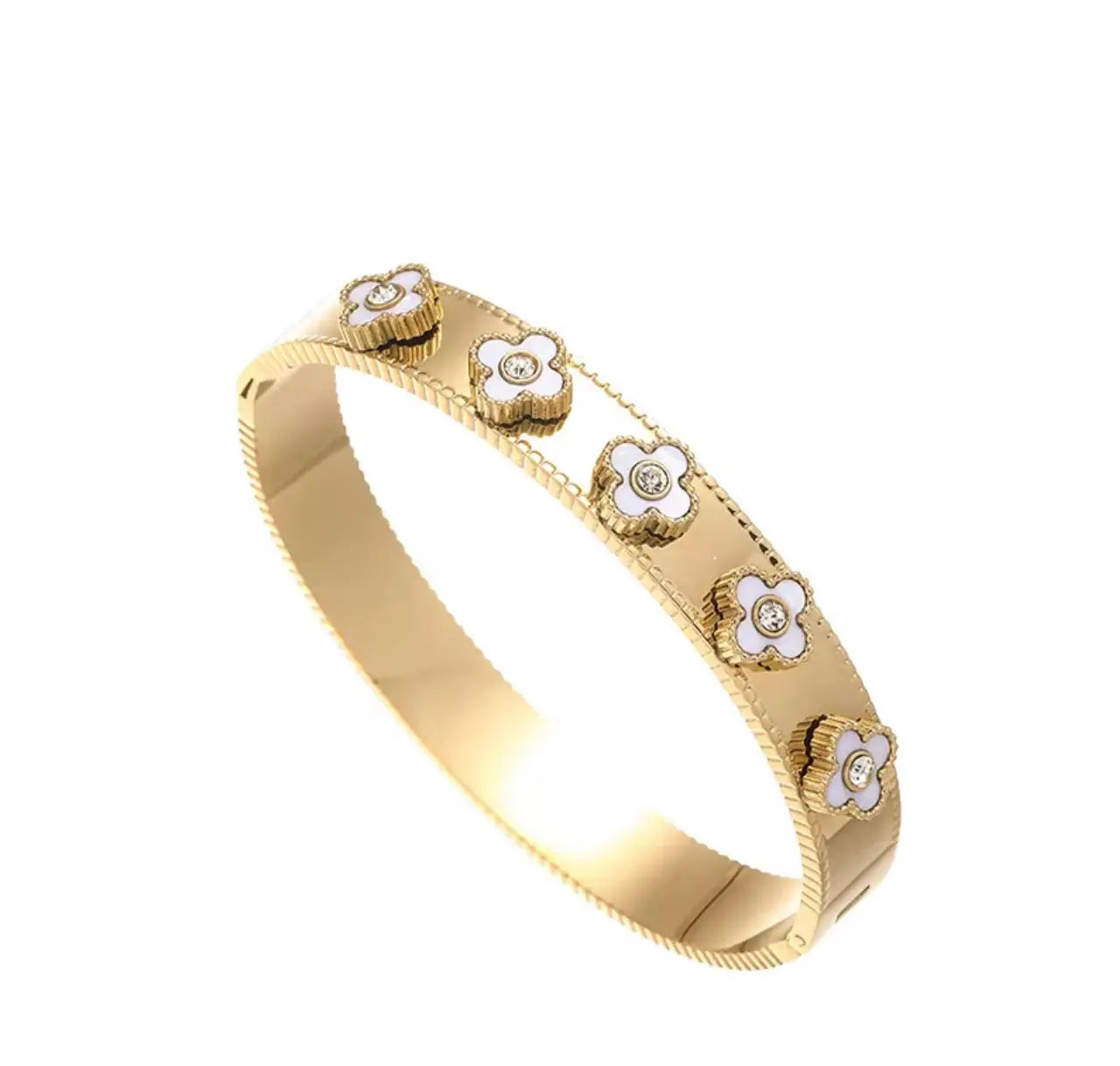 18k gold flower bangle bracelet with intricate floral design, showcasing LuxeLash Studio jewelry craftsmanship.