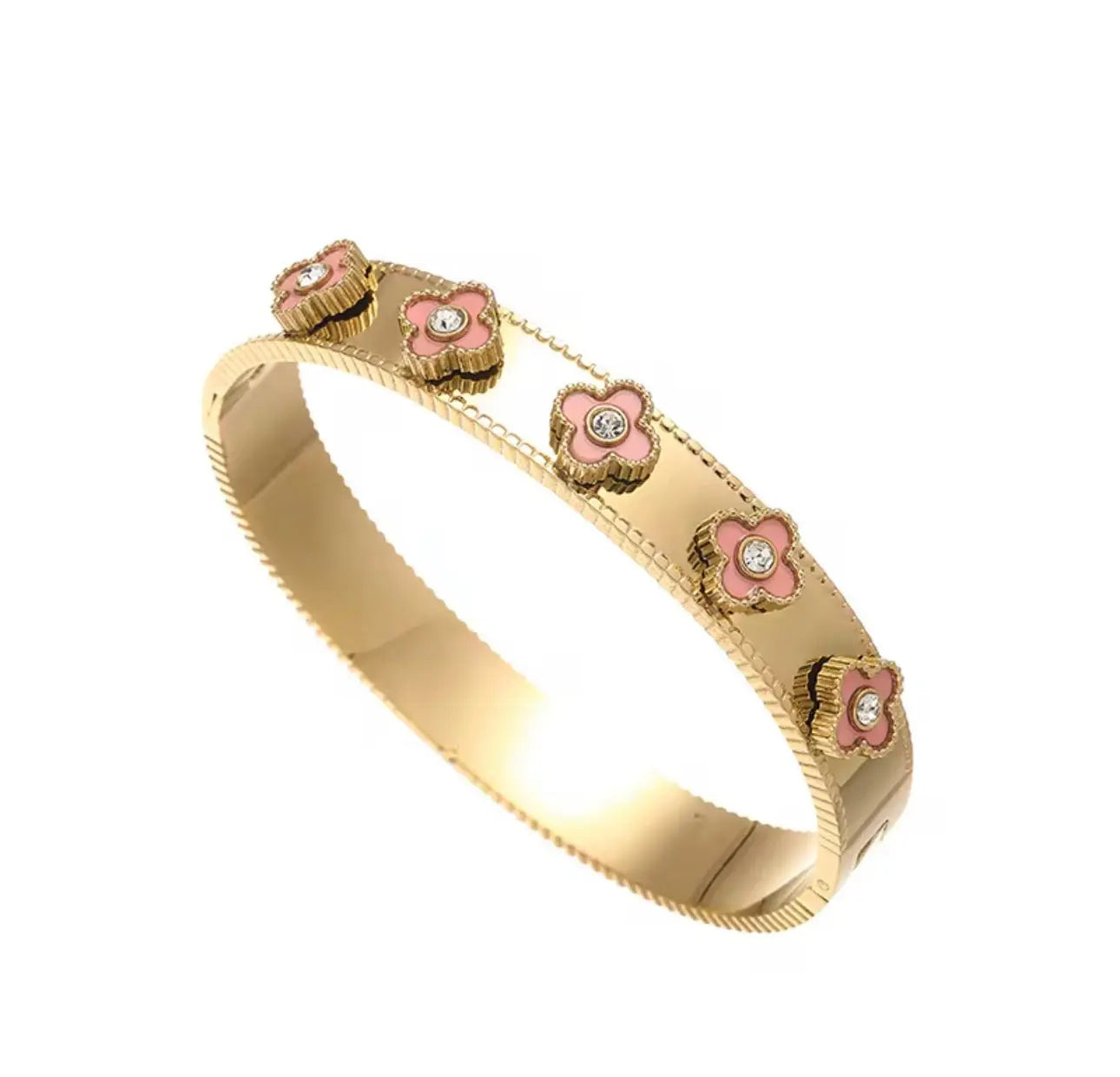 18k gold flower bangle bracelet featuring delicate floral design, crafted by LuxeLash Studio in elegant jewelry style.