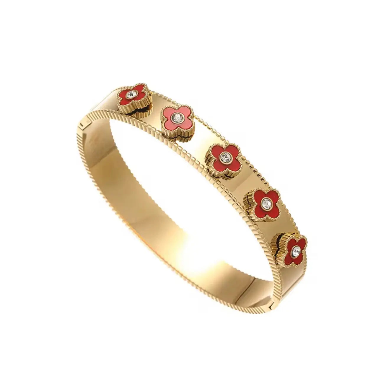18k gold flower bangle bracelet from LuxeLash Studio featuring intricate floral design in elegant jewelry style.