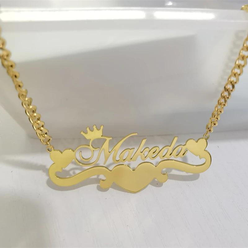 Custom Heart Name Necklace With Heart Ribbon Stainless Steel Crown Nameplate Pendant Necklace Women Jewelry Best Friends Gifts LuxeLash Studio