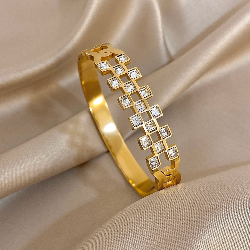 New Stainless Steel Waterproof Cuff Bracelet Bangle For Women Exquisite Shiny Inlaid Zircon Geometric Stacked Jewelry Gifts LuxeLash Studio