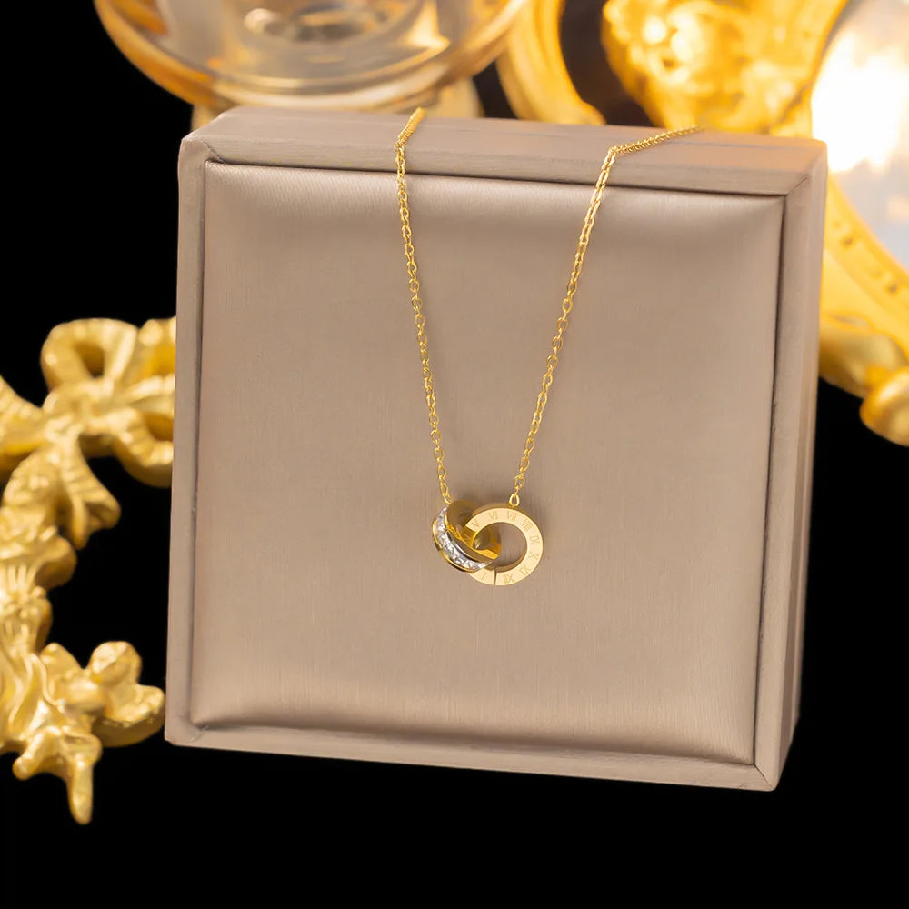 18K Gold Plated Stainless Steel Interlocking Circles Infinity Style Roman Numbers Wedding Statement Collar Necklace For Women LuxeLash Studio
