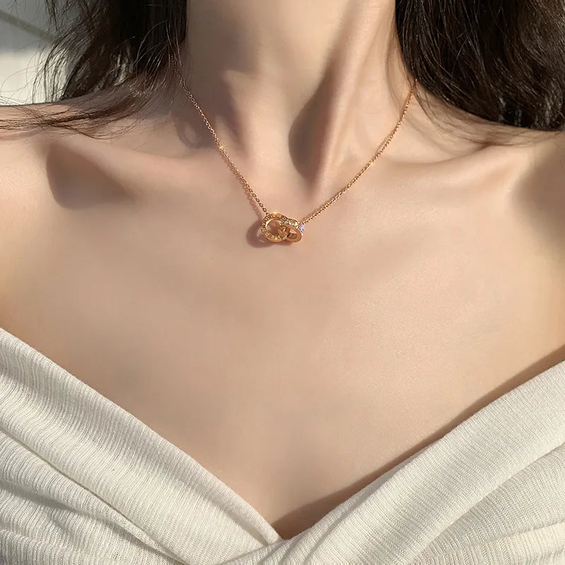 18K Gold Plated Stainless Steel Interlocking Circles Infinity Style Roman Numbers Wedding Statement Collar Necklace For Women LuxeLash Studio