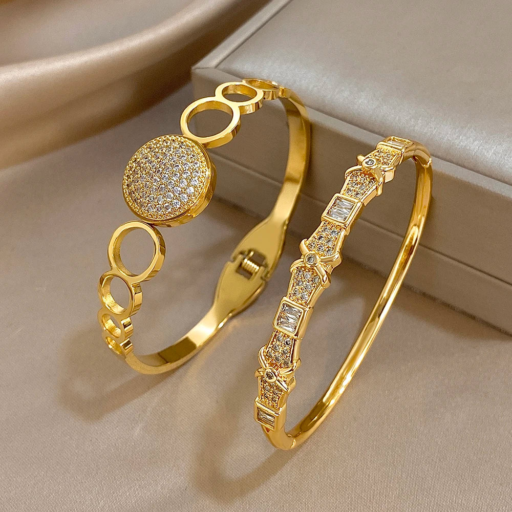 New Stainless Steel Waterproof Cuff Bracelet Bangle For Women Exquisite Shiny Inlaid Zircon Geometric Stacked Jewelry Gifts LuxeLash Studio