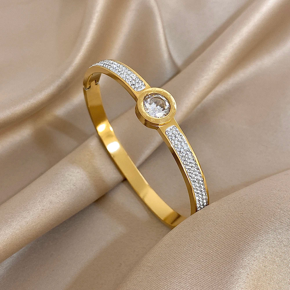 New Stainless Steel Waterproof Cuff Bracelet Bangle For Women Exquisite Shiny Inlaid Zircon Geometric Stacked Jewelry Gifts LuxeLash Studio