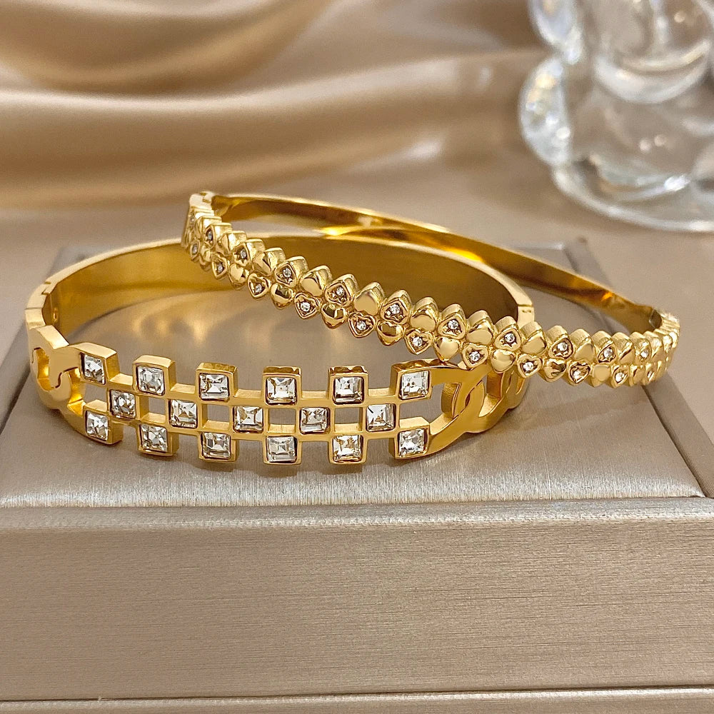 New Stainless Steel Waterproof Cuff Bracelet Bangle For Women Exquisite Shiny Inlaid Zircon Geometric Stacked Jewelry Gifts LuxeLash Studio