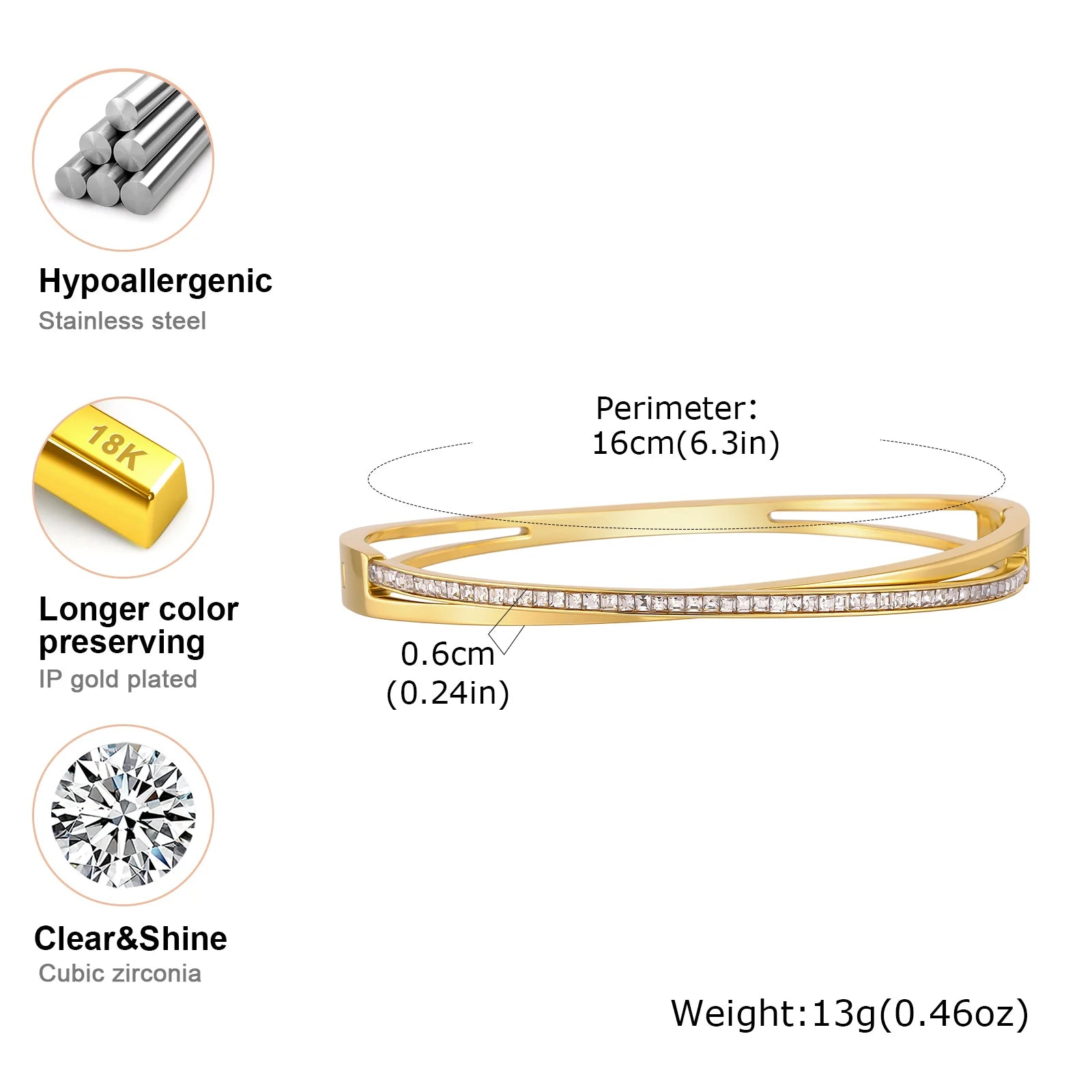 Shiny Zircon Crossed Stainless Steel Bangle Bracelet for Women, Gold Color Layered Stackable Female Waterproof Jewelry Gift LuxeLash Studio