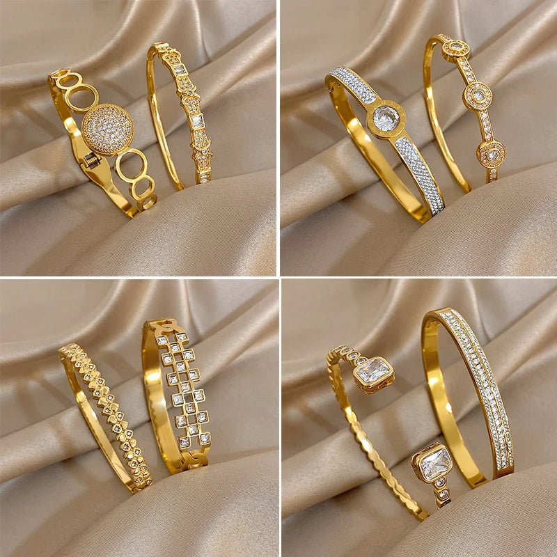 New Stainless Steel Waterproof Cuff Bracelet Bangle For Women Exquisite Shiny Inlaid Zircon Geometric Stacked Jewelry Gifts LuxeLash Studio
