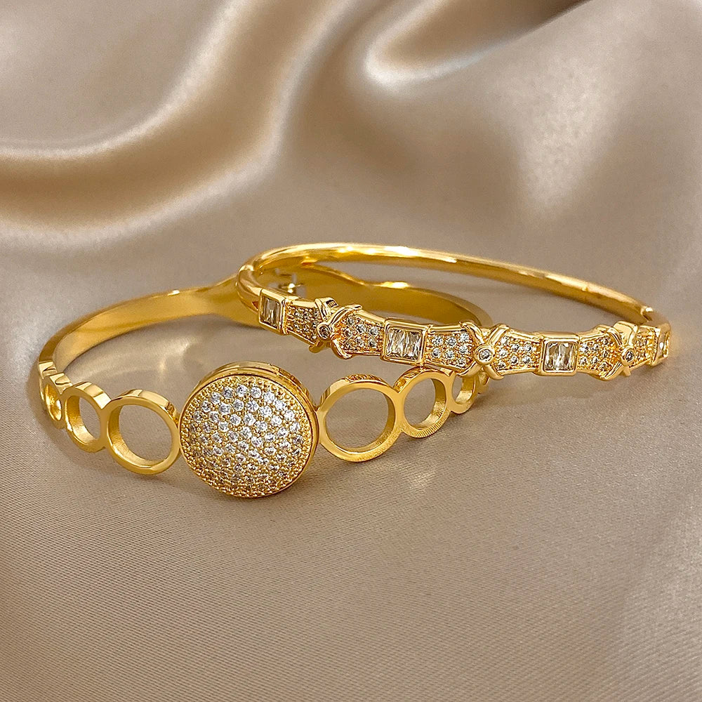 New Stainless Steel Waterproof Cuff Bracelet Bangle For Women Exquisite Shiny Inlaid Zircon Geometric Stacked Jewelry Gifts LuxeLash Studio
