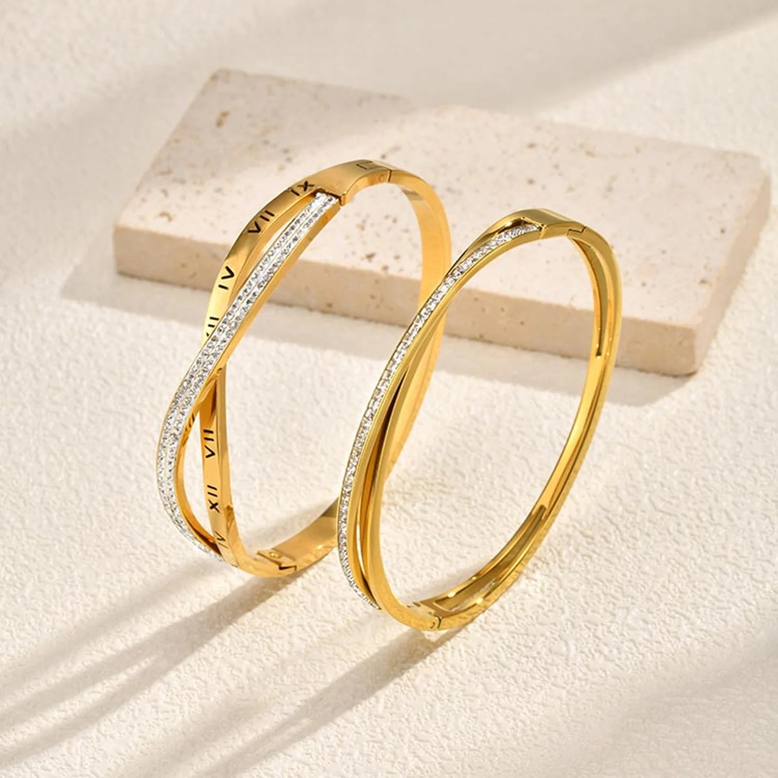 Shiny Zircon Crossed Stainless Steel Bangle Bracelet for Women, Gold Color Layered Stackable Female Waterproof Jewelry Gift LuxeLash Studio