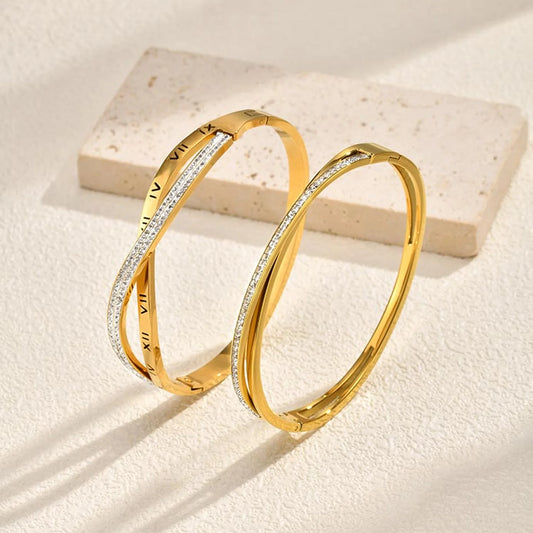 Shiny Zircon Crossed Stainless Steel Bangle Bracelet for Women, Gold Color Layered Stackable Female Waterproof Jewelry Gift LuxeLash Studio