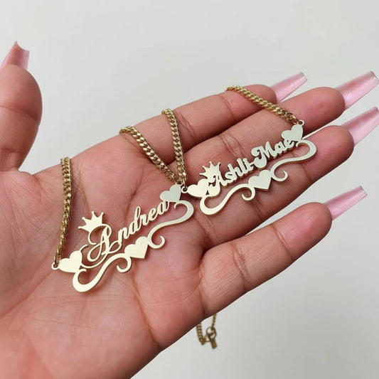 Custom Heart Name Necklace With Heart Ribbon Stainless Steel Crown Nameplate Pendant Necklace Women Jewelry Best Friends Gifts LuxeLash Studio