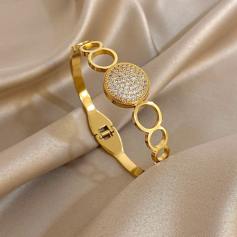 New Stainless Steel Waterproof Cuff Bracelet Bangle For Women Exquisite Shiny Inlaid Zircon Geometric Stacked Jewelry Gifts LuxeLash Studio
