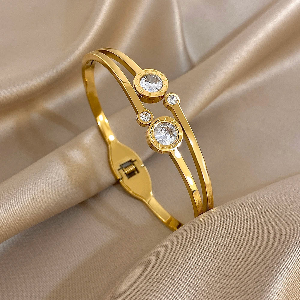 New Stainless Steel Waterproof Cuff Bracelet Bangle For Women Exquisite Shiny Inlaid Zircon Geometric Stacked Jewelry Gifts LuxeLash Studio