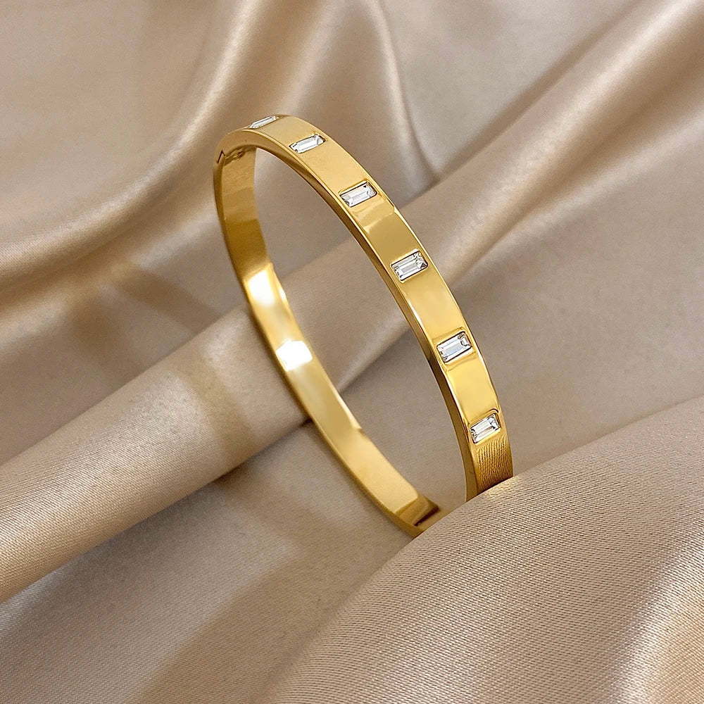 New Stainless Steel Waterproof Cuff Bracelet Bangle For Women Exquisite Shiny Inlaid Zircon Geometric Stacked Jewelry Gifts LuxeLash Studio