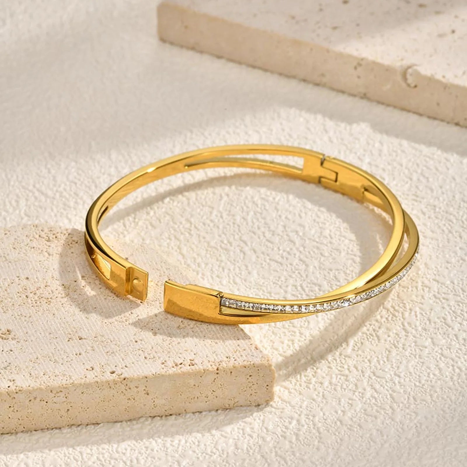 Shiny Zircon Crossed Stainless Steel Bangle Bracelet for Women, Gold Color Layered Stackable Female Waterproof Jewelry Gift LuxeLash Studio