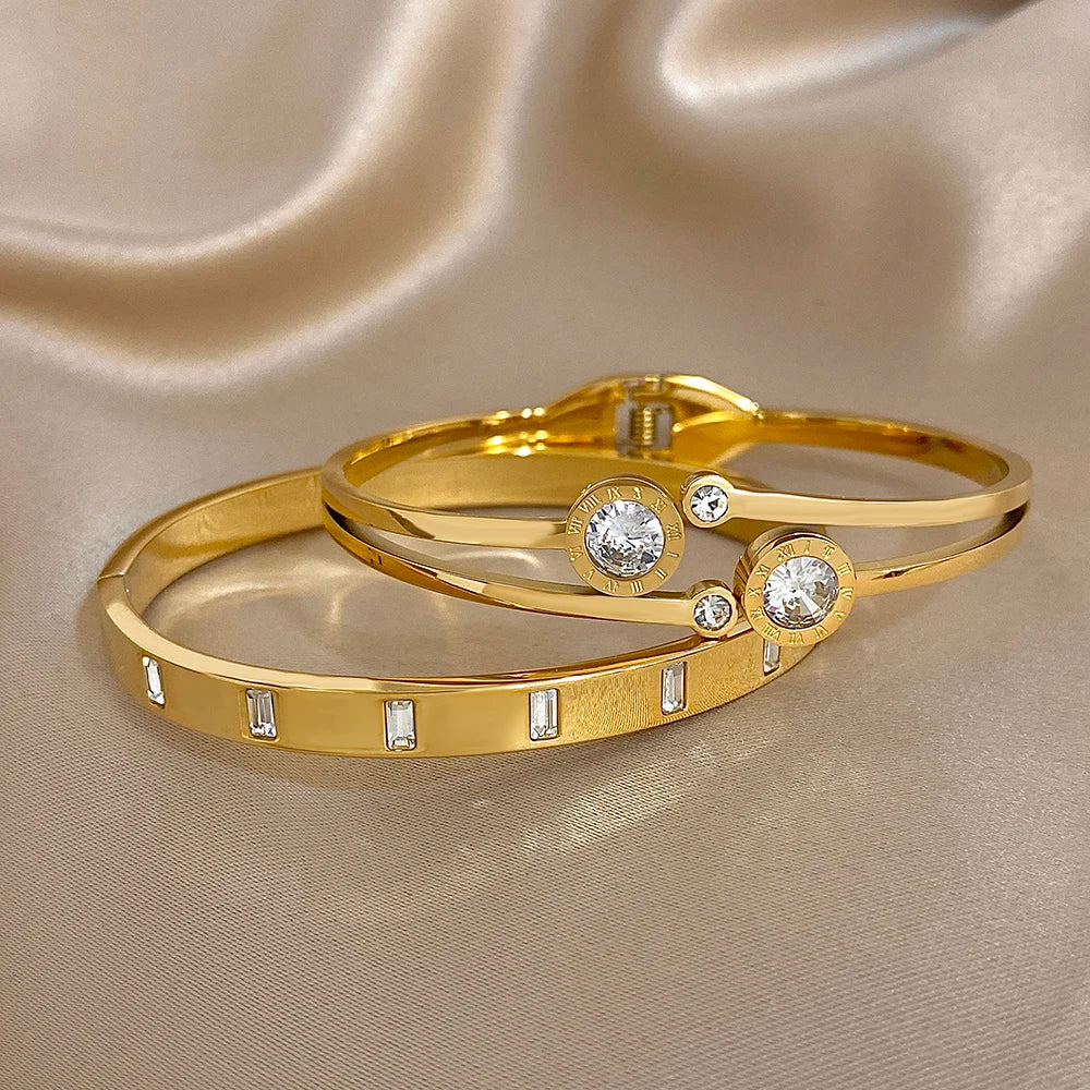 New Stainless Steel Waterproof Cuff Bracelet Bangle For Women Exquisite Shiny Inlaid Zircon Geometric Stacked Jewelry Gifts LuxeLash Studio