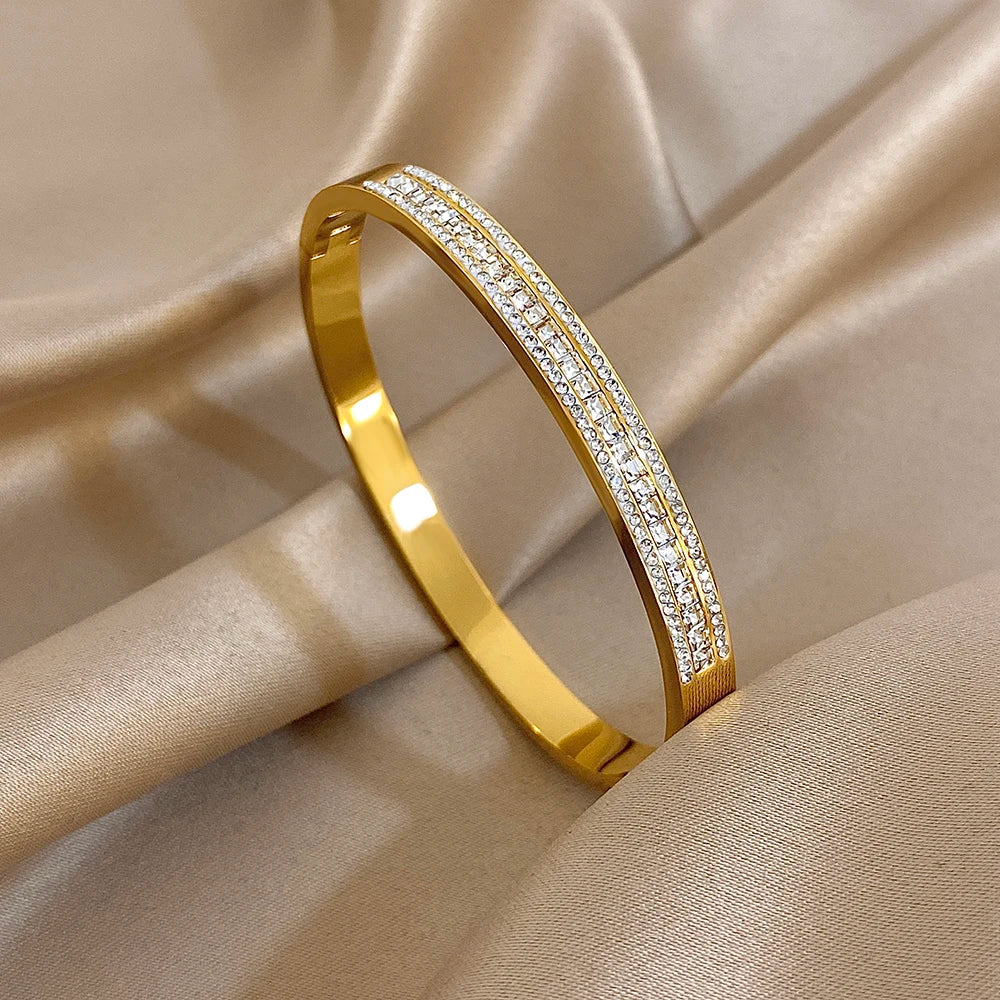 New Stainless Steel Waterproof Cuff Bracelet Bangle For Women Exquisite Shiny Inlaid Zircon Geometric Stacked Jewelry Gifts LuxeLash Studio